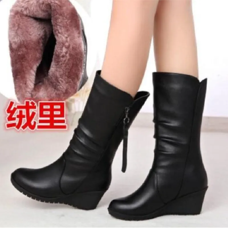 Winter Warm Fur Boots Womens Boots High Heels Side Zipper Female Shoes Black Woman Boots Wedge Boots C522