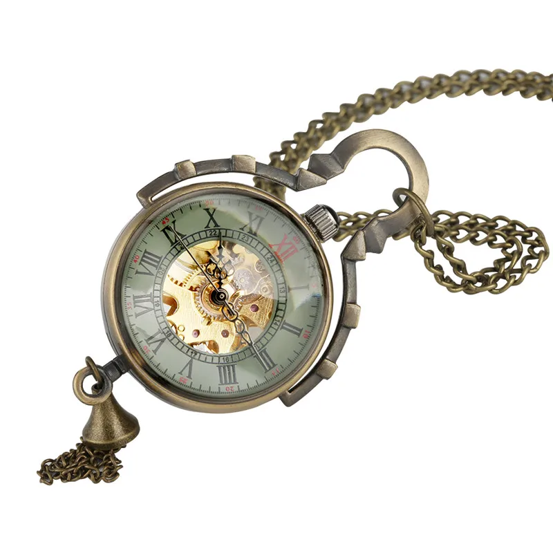 Antique Transparent Glass Ball Shape Men Women Hand-Winding Mechanical Pocket Watch Roman Numeral Pendant Chain Clock