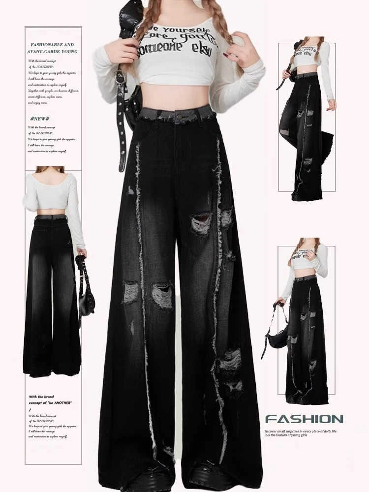

2025 Autumn Winter Women's Denim Pants Baddie Style Hole Black Y2K Baggy Jeans Japanese Harajuku Cowboy Men Cyber Punk Mom Jeans