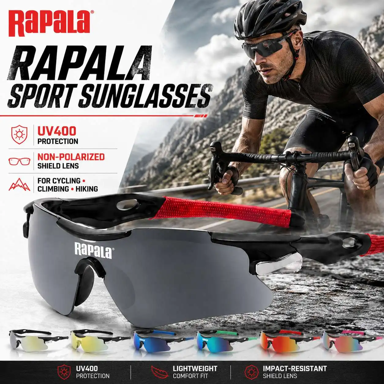 Lunettes de soleil classiques Rapala UV400 pour la navigation de plaisance, la pêche, le cyclisme, la randonnée, la conduite sur route, avec design sportif et chiffon de nettoyage doux