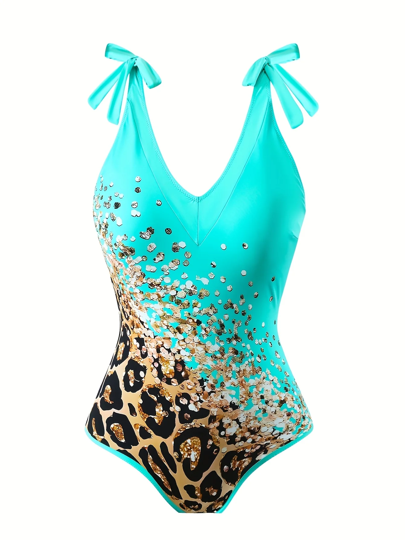 2026 Nuovo set copricostume e copricostume con paillettes leopardate verde acqua - Costume da bagno con scollo a V, copricostume con fiocco e fiocco, elegante set da spiaggia