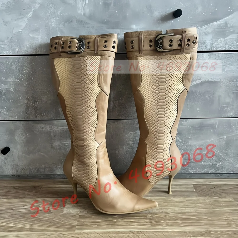 Apricot Snake Print Leather Knee High Boots Women Sexy Buckle Strap Stiletto High Heels Ladies Side Zipper Wavy Leather Boots