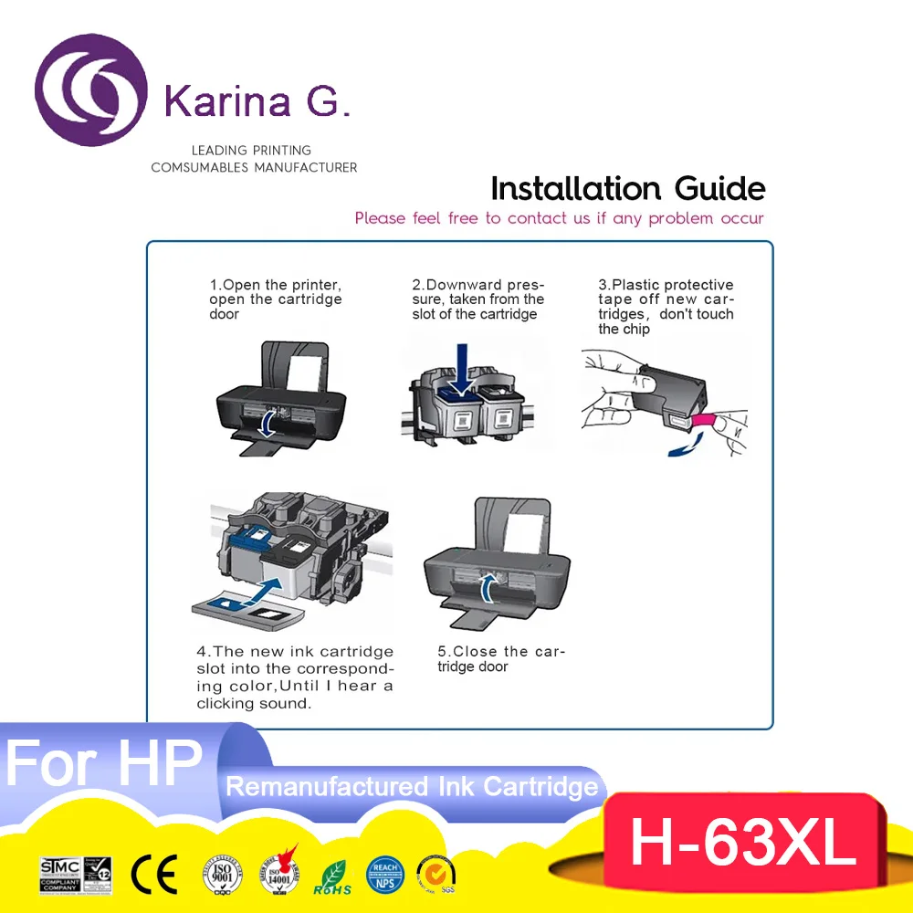 خرطوشة حبر سوداء ملونة معاد تصنيعها 63 XL 63XL لـ HP63 لـ HP63xl لطابعة HP Deskjet 2131 2130 3630 4520 1111 1110