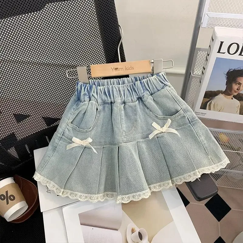 

Baby Girls Denim Lined Skirt Summer Clothes New Korea Fashion Bow Princess Skirt Children's Costume 2-10Year Kid's A-line Skirt