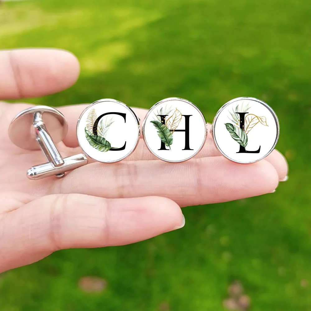 A-Z English Letter Cufflinks for Mens Name Alphabet Leaf Art Photo Glass Cabochon Shirt Cuff Links Buttons