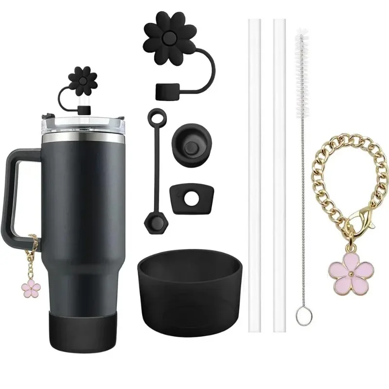 

9pcs Accessories Set 3 Spill Proof Stopper Flowers Straw Cover Boot 2 Straw and Brush and 1 Flower Charm Chain for Water Cup