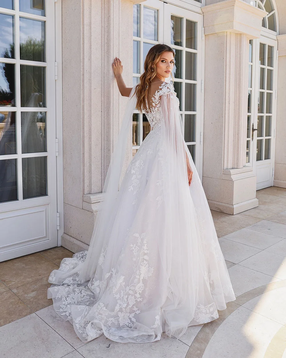 Luxury Boho Wedding Dress with Lace Cape 2025 A-Line Bride Dress Customized Elegant Off-Shoulder Princess Women Bridal Gown