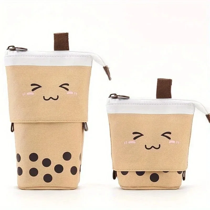 Bubble Tea Print Cute and Simple Pull-Tab Expandable Canvas Pen Case - Multi-purpose Stationery Organizer