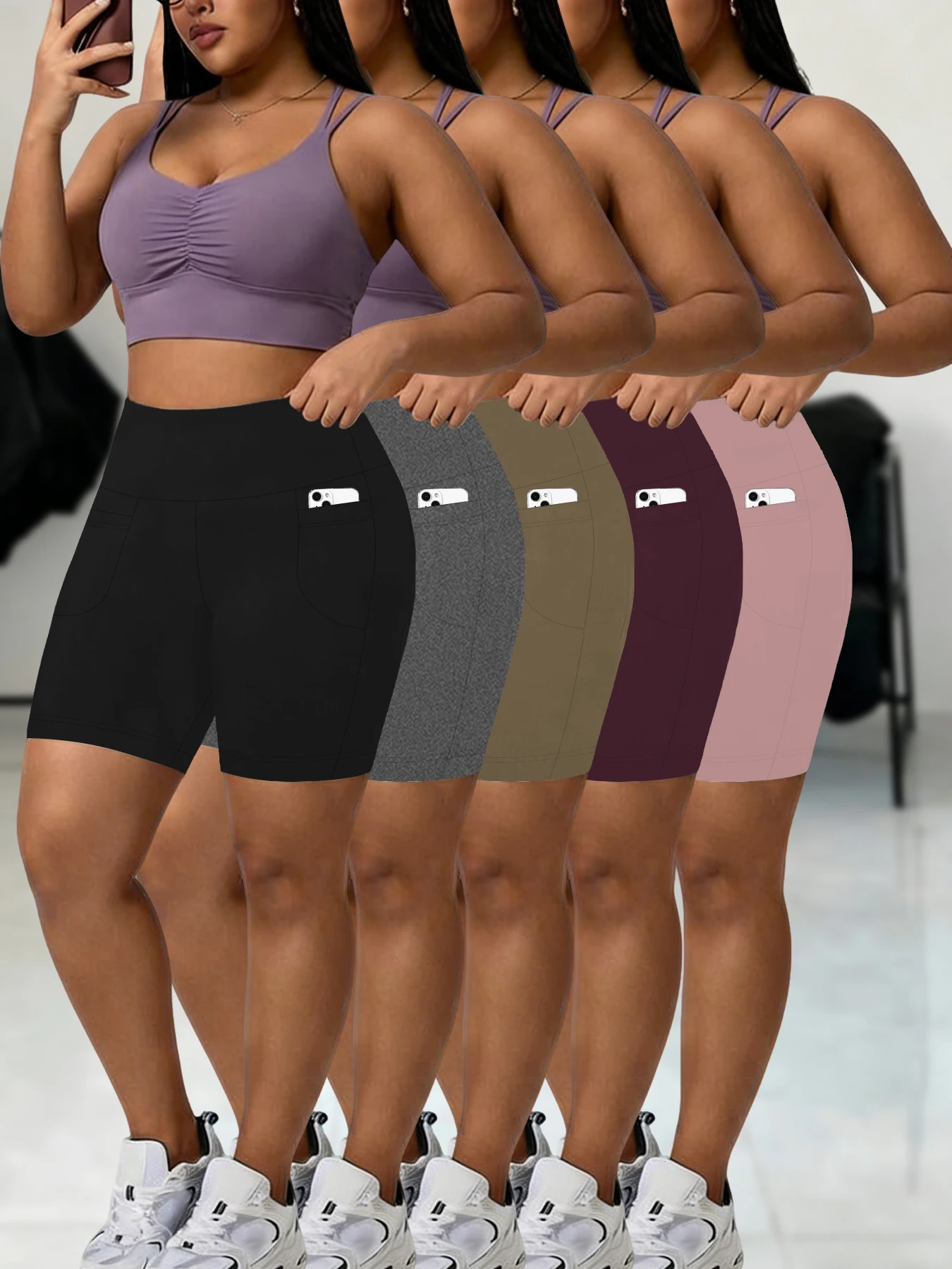 

5 pack Plus Size Super Soft Yoga Shorts for Women High Waisted Biker Shorts Pockets Tummy Control No See Through