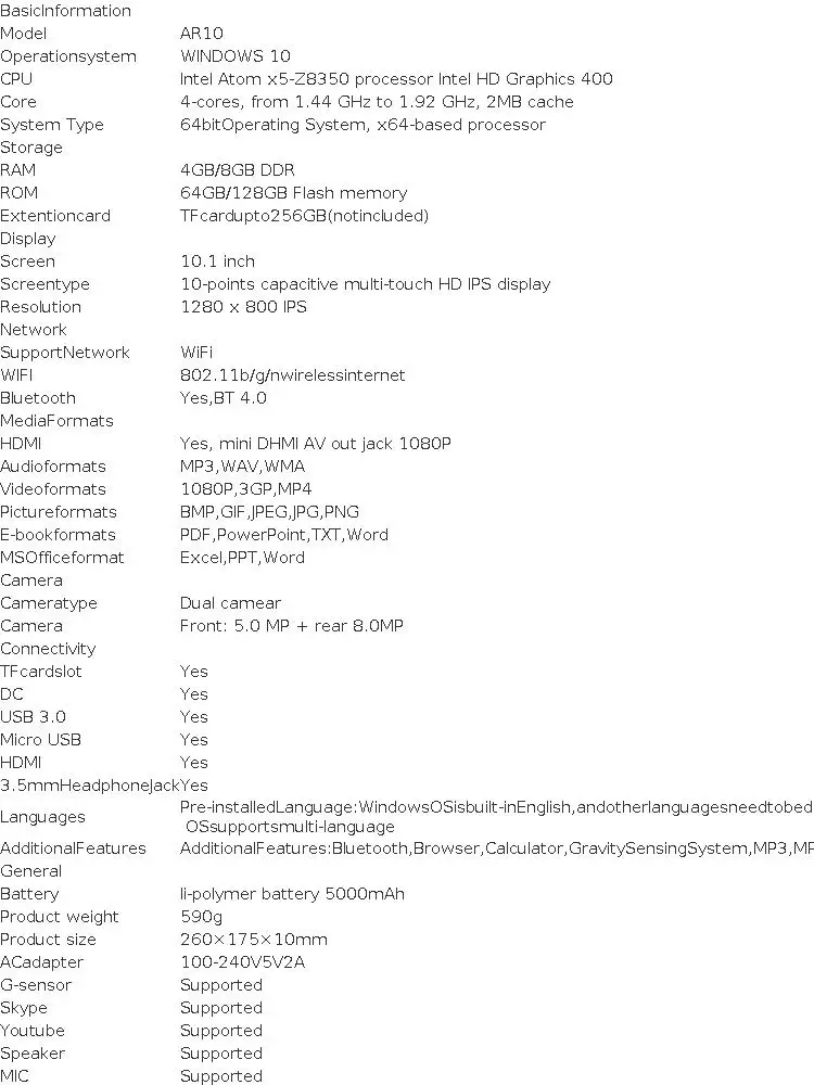10.1“ Windows 10 Pro Tablet PC Intel Atom X5-Z8300 64bit Quad Core Dual Camera 4GB DDR 64GB ROM 1280X800 IPS USB Port