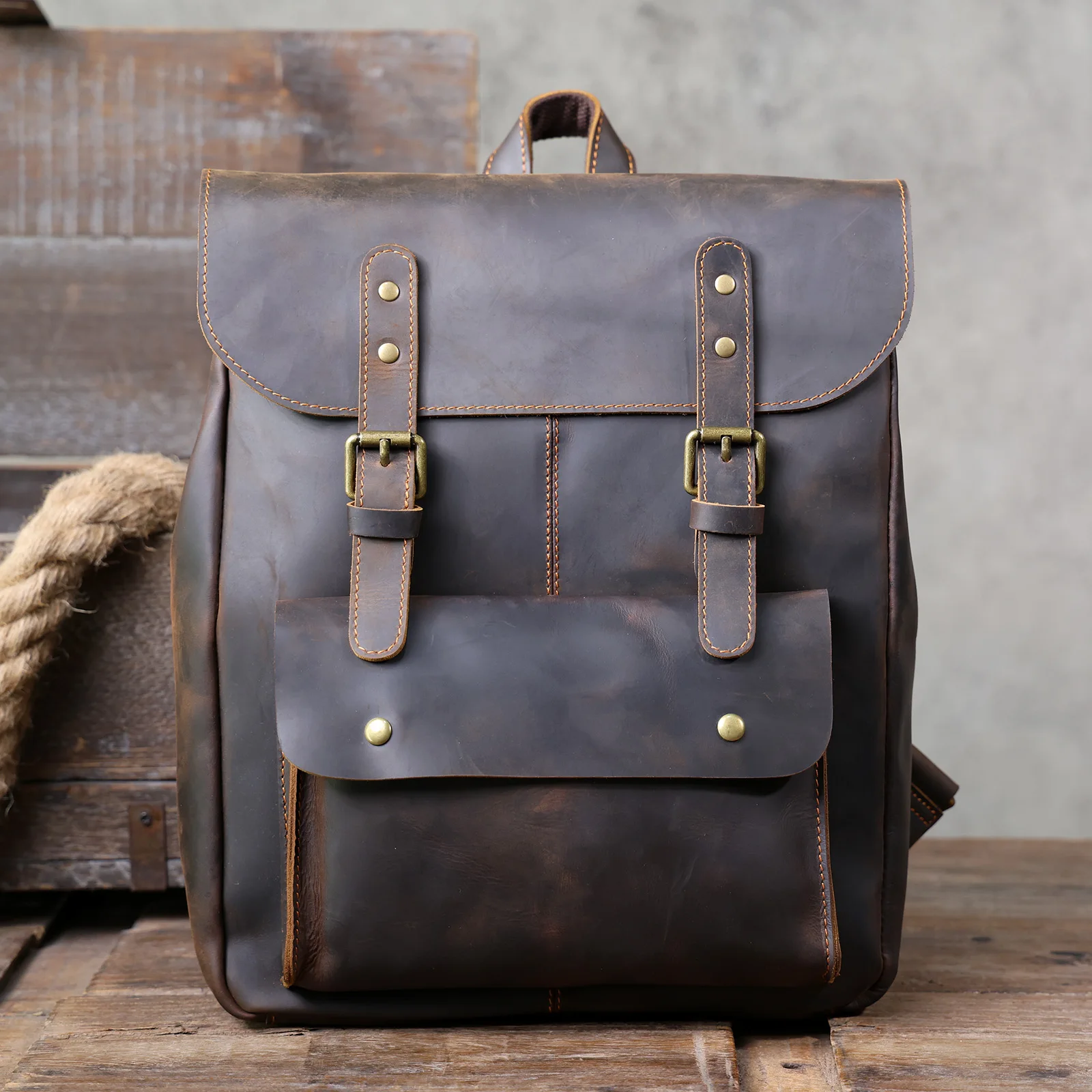 S.WORKER Vintage Echtleder Herrenrucksack Handgefertigte Top-Grain-Leder Laptop-Umhängetasche Crazy Horse Tasche Mode für Männer – Detail 7