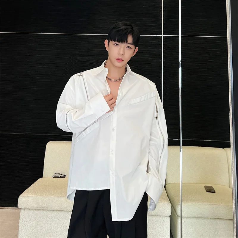 Man Irregular Splice Shoulder Pad Zipper Loose Casual Long Sleeve Shirts Men Streetwear Fashion Hop Hop Party Dress Shirts