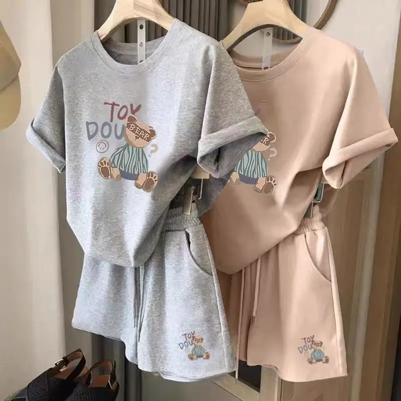 

Summer New Style Bear Letter Short Sleeve Sports Two-Piece Set plus Size Shorts Fashion Casual Outfit Women round Neck Pullover