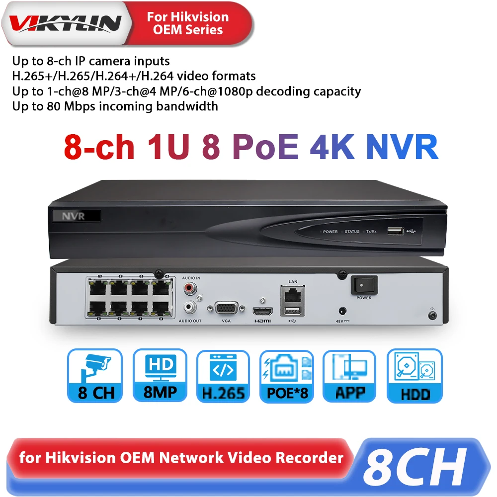 VIKYLIN 4K NVR 8CH PoE For HIK OEM DS-7608NI-Q1/8P Network Recorder CCTV Security Protection Surveillance Camera Recorder System