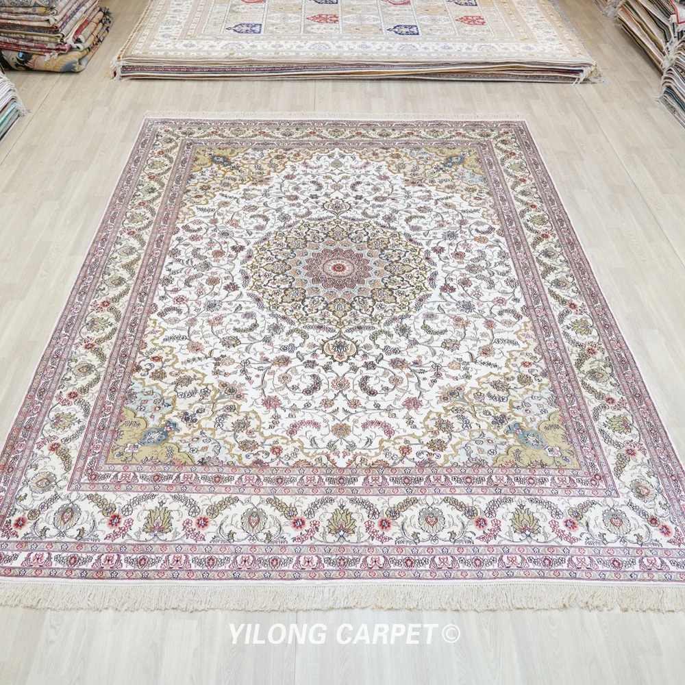 274x366cm Hand Kontted Persian Silk Rugs White And Beige Classical Persian Carpet (YJH231AB)