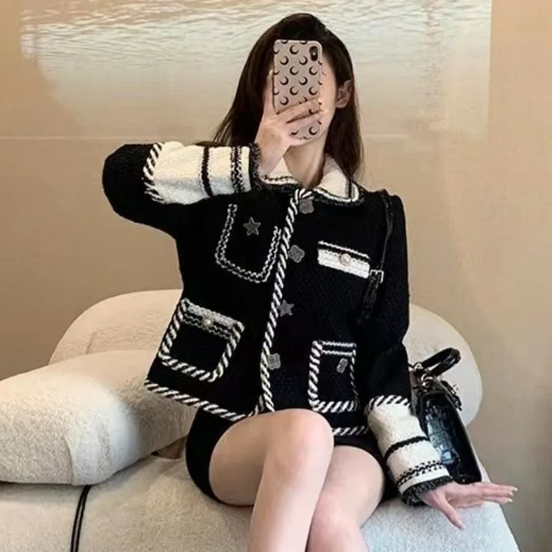 French Style Lapel Small Fragrant Wind Coat Women's Short Spring Autumn Retro Jacket Contrast Color Five-Pointed Star Outwear