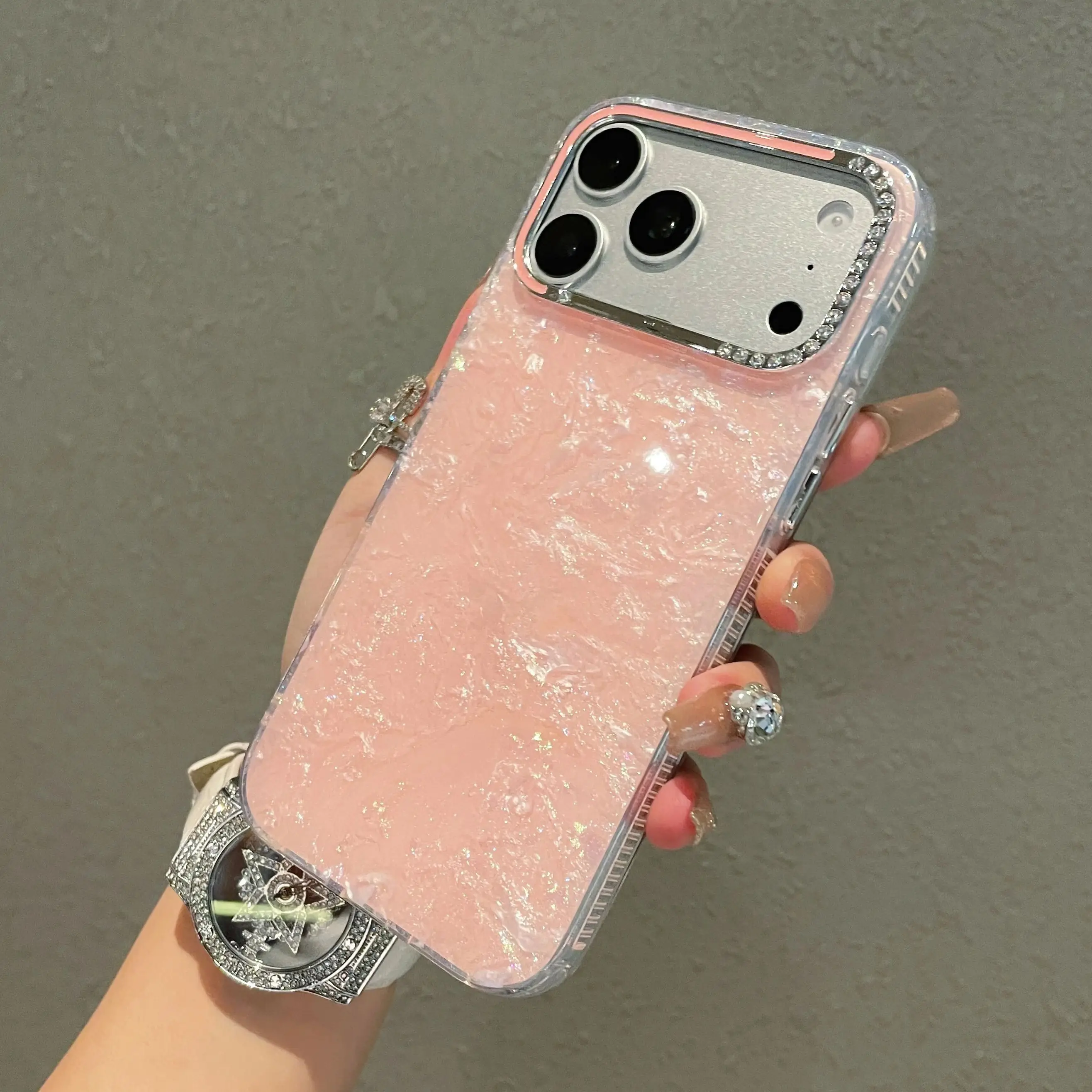 Rhinestone Lens Frame Shell Pattern Phone Cases For iPhone 17 16 15 14 13 Pro Max Camera Bumper Glitter Laser Colorful Cover