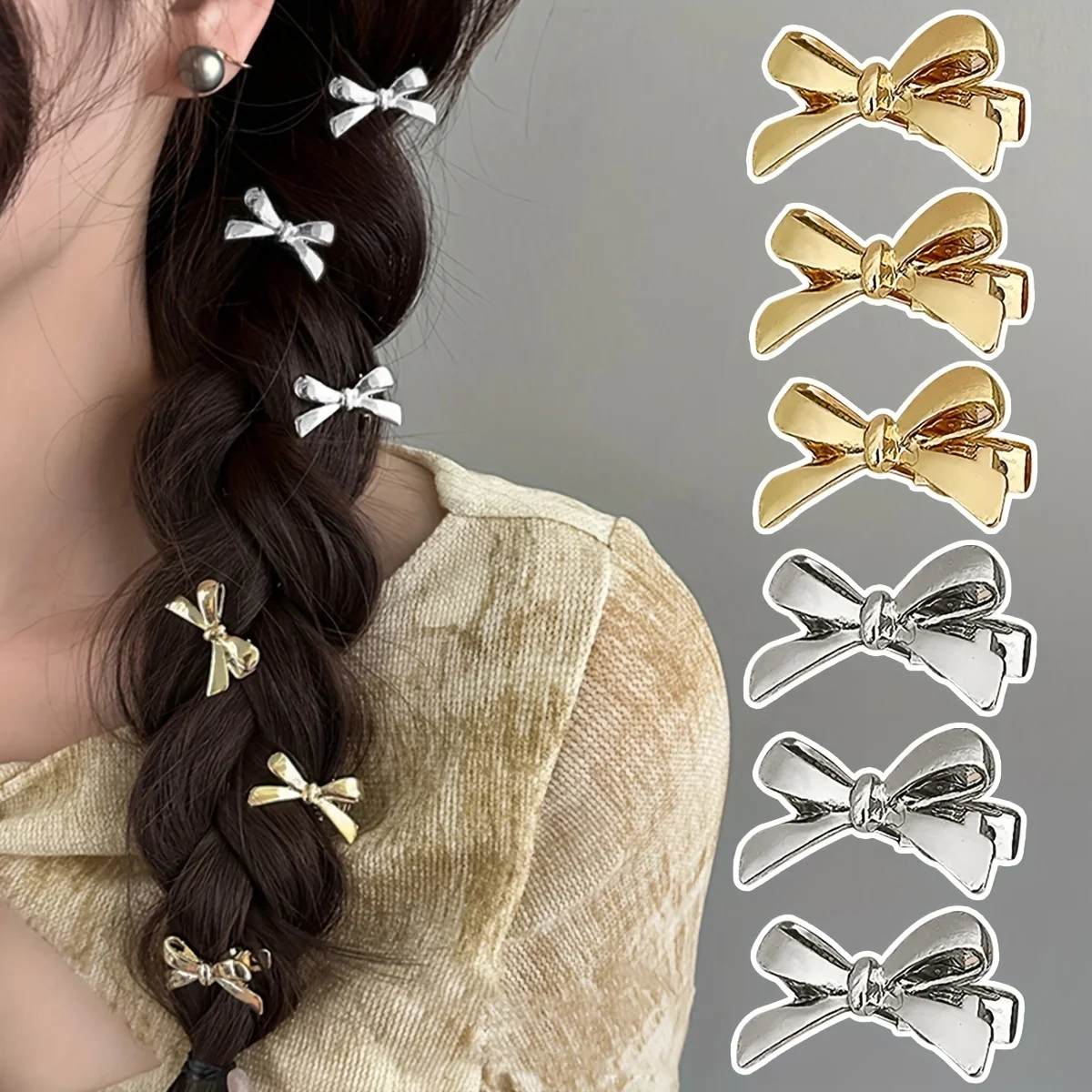 6 Pieces of Women\'s New Golden Bow Mini Hairpins, Sweet and Cool Girl Bangs Hairpins and Hair Accessories