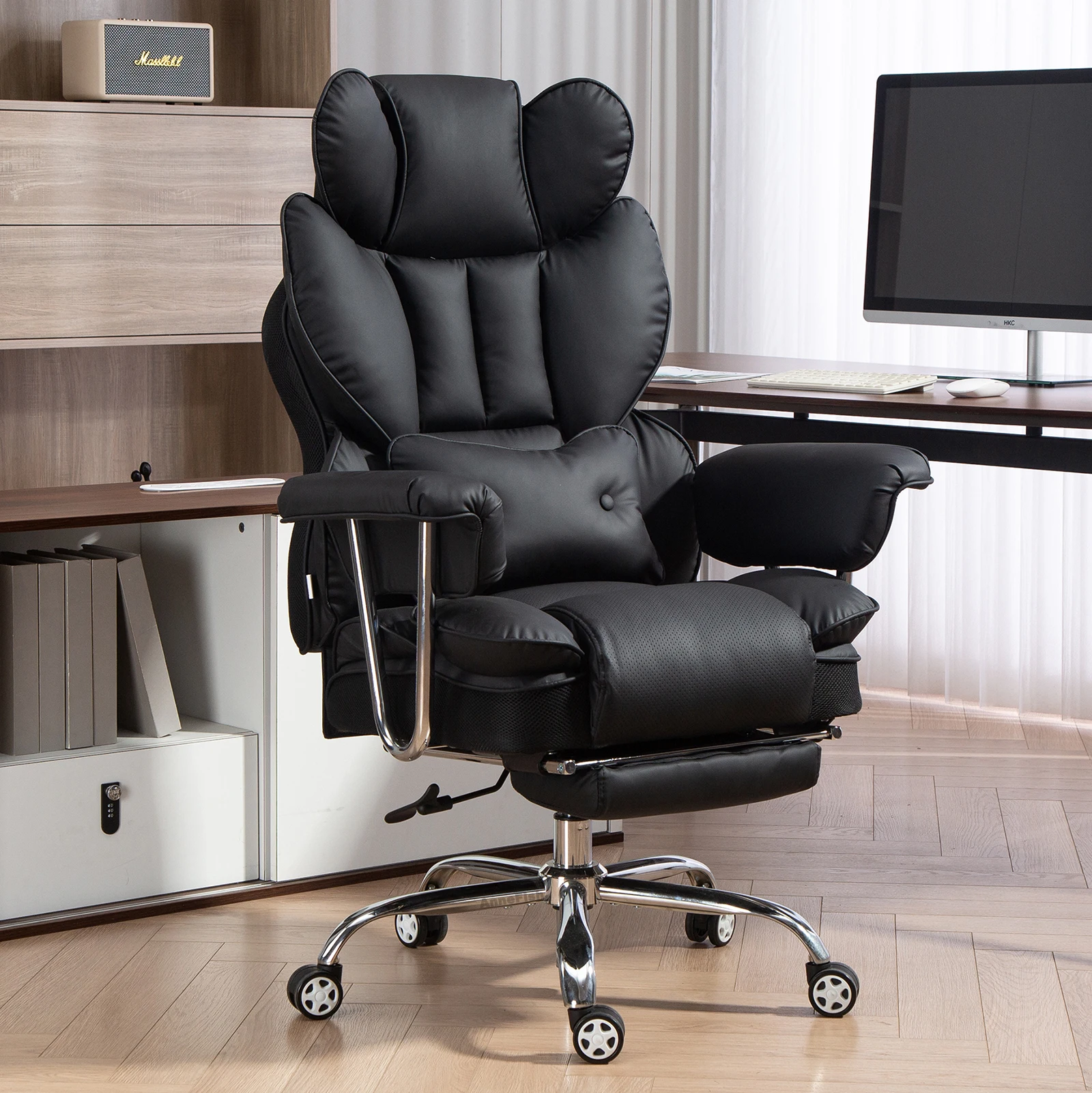 AnneFish Bürostuhl, großer Heimbürostuhl mit Fußstütze und Lordosenstütze, höhenverstellbarer Gaming-Stuhl mit drehbaren Rädern