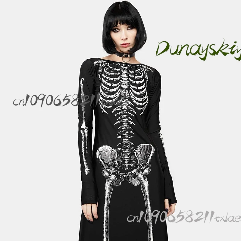 فستان ماكسي قوطي Y2K - فستان الهالوين/عيد الميلاد/عيد الفصح/أوكتوبرفيست متعدد الاستخدامات بطباعة جمجمة