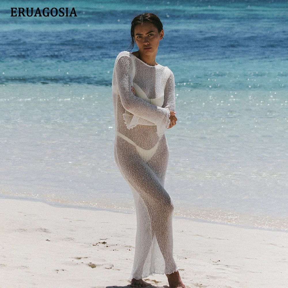 Sexy See-Through Cover-ups Long Sleeve Cover Up For Women 2024 New Beach Dress Vacation Dresses Female Beachwear saida de praia