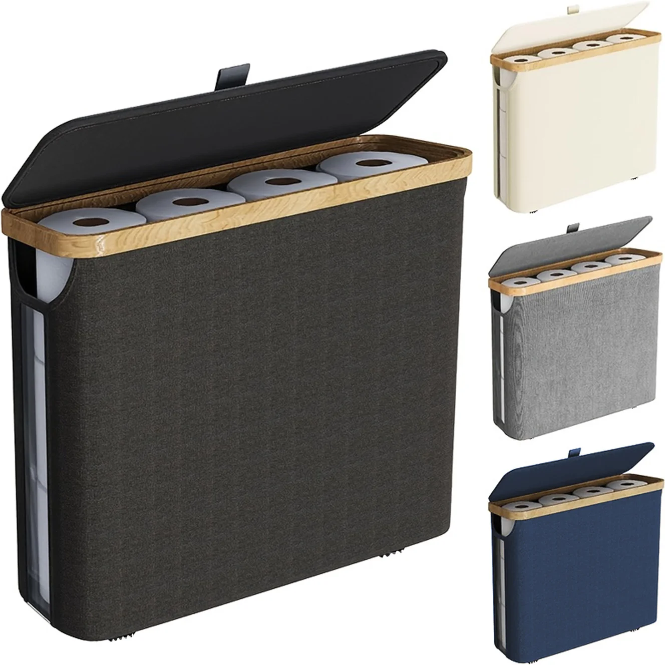 سلة تخزين واحدة، رف تخزين، حامل ورق كبير، 12 لفة من ورق التواليت، رف تخزين مع غطاء، قماش أكسفورد + مخزن من الخيزران