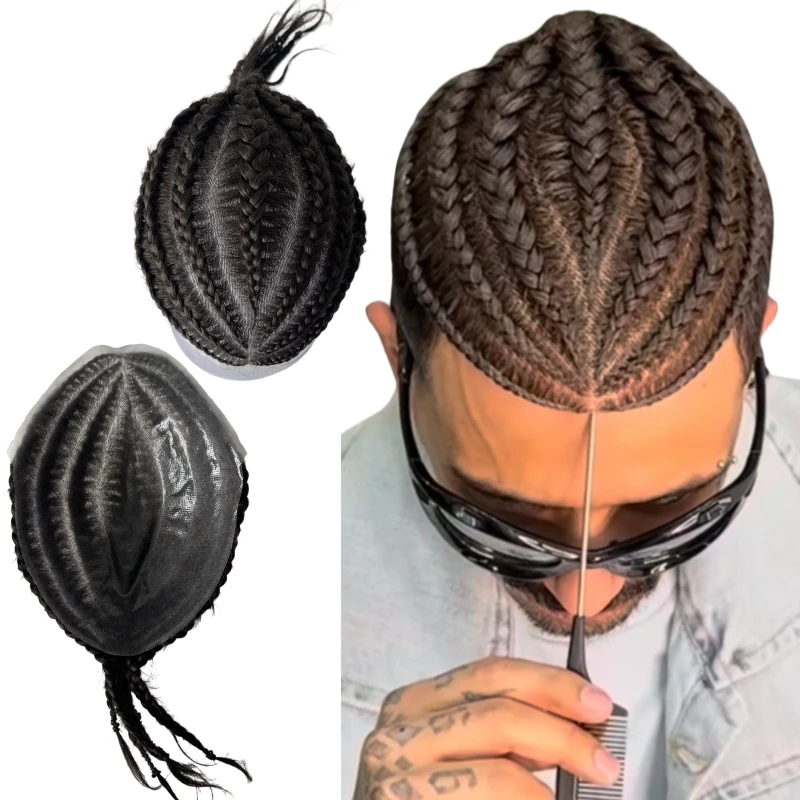 

Indian Virgin Human Hairpiece #1B Black Color Cornrow Braids Knots PU Toupee 8x10 Skin Unit for Black Men
