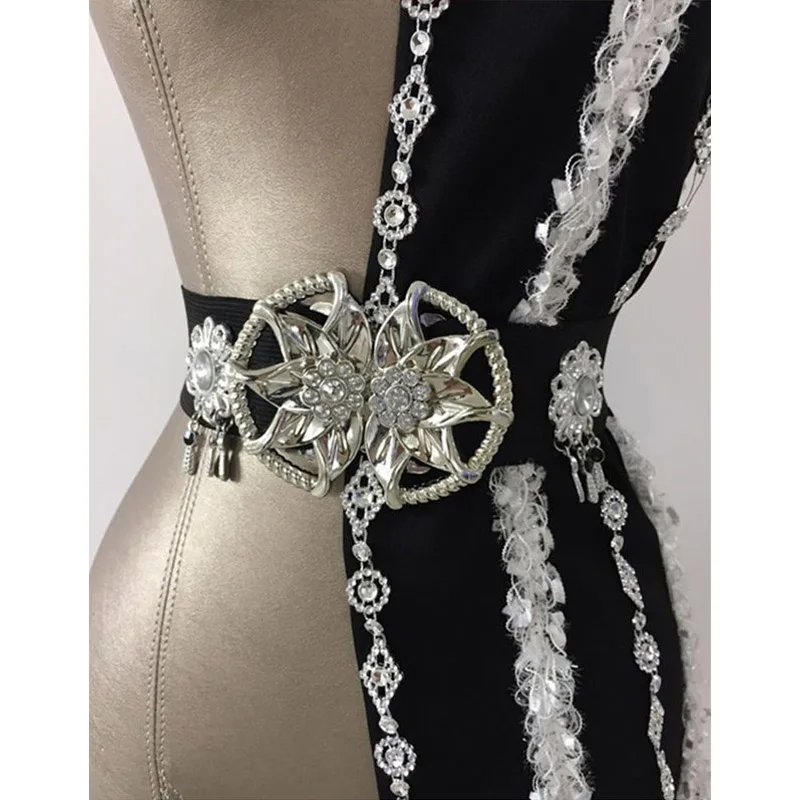 Patchwork Space ไนท์คลับบาร์เครื่องแต่งกาย Ds นักร้องหญิงเซ็กซี่ Dj Stage ชุดเพิร์ลฝ่ายเดียวเสื้อคลุมเต้นรําชุดบอดี้สูทสําหรับสตรี