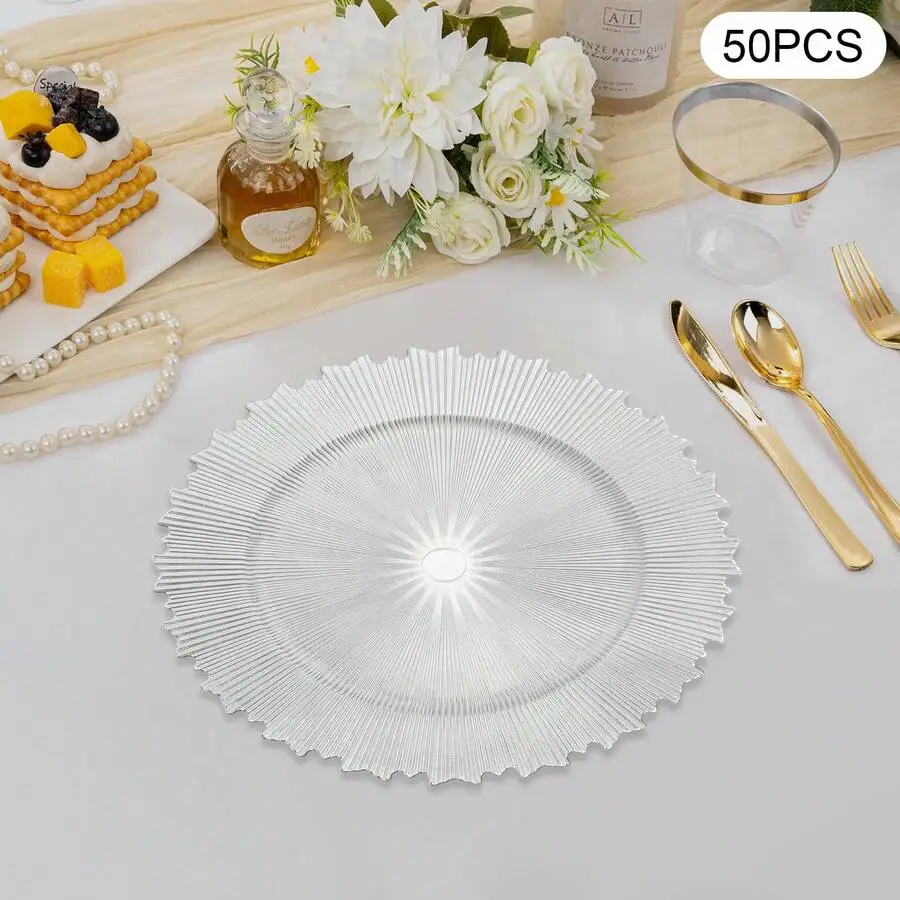 50 PCS Plates 13 Inch Plastic Round Dinner Plate ; Dinner Table Decorative Plate For Wedding Birthday Bridal Shower Party Dinner