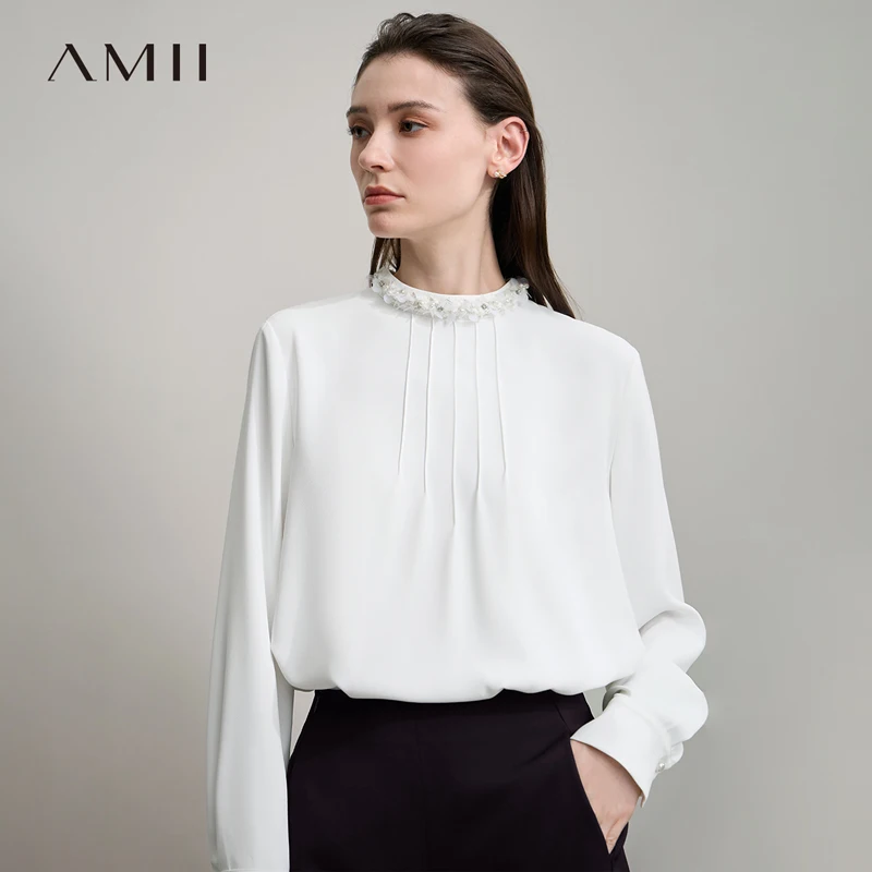 AMII Minimalist White Woman Blouse 2025 Autumn French Elegant Loose Stand Collar Chiffon Blouse Office Lady Shirts 12523053