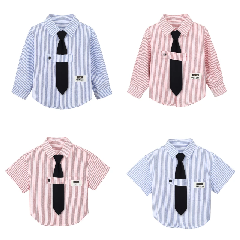 

Классическая полосатая рубашка «Снова в школу» для мальчиков, синие топы с длинными рукавами, весенне-осенние формальные блузки для подростков, детская одежда