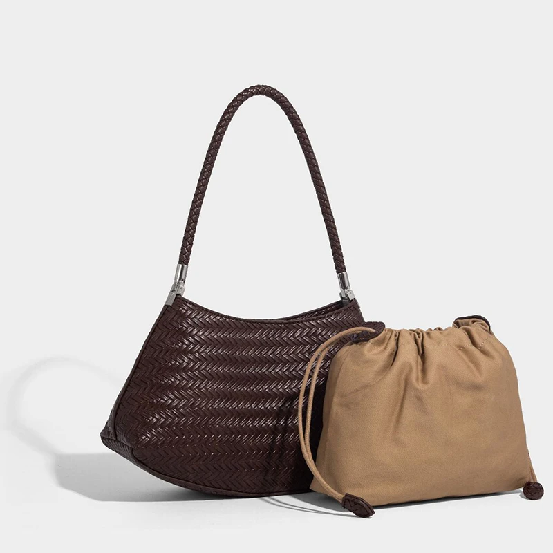

Handmade Weave PU Drawstring Tote Bags for Women Luxury Designer Handbags Purse 2025 New Vintage Inner Pocket Shoulder Bags