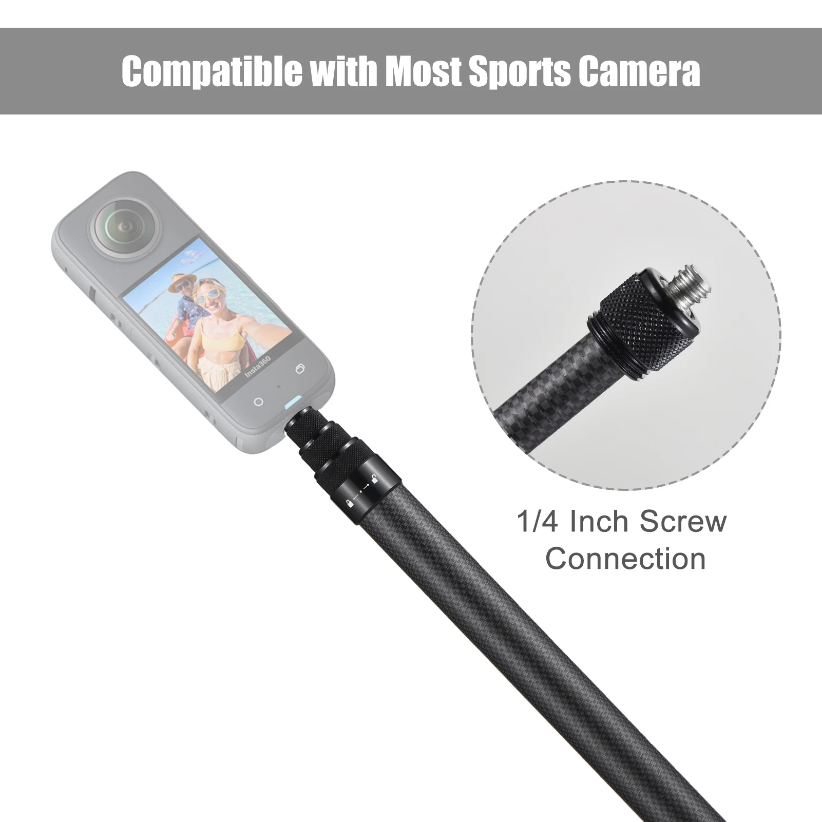 Portable Selfie Stick Carbon Fiber Stand Camera Bracket 1/4 Inch Screw Mount 36cm-150cm/14.2in-59in Adjustable Length Compatible