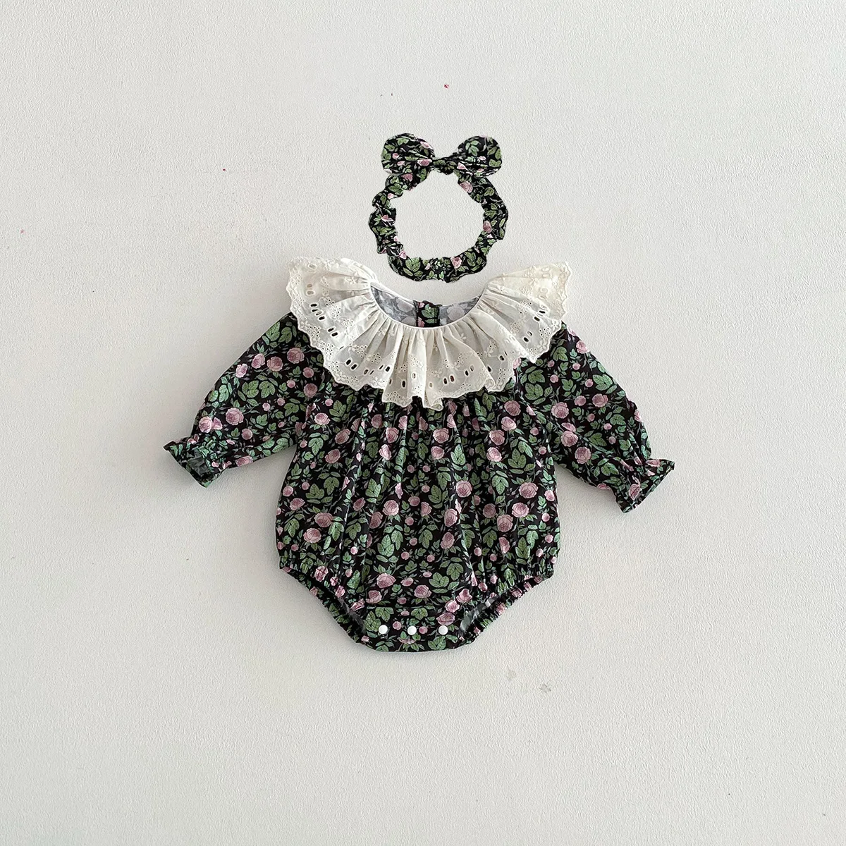 3M-2T Spring Cute Baby Bodysuit Green Ruffle Neck One Piece Clothes Puff Long Sleeve Bodysuit  for Toddler Girls