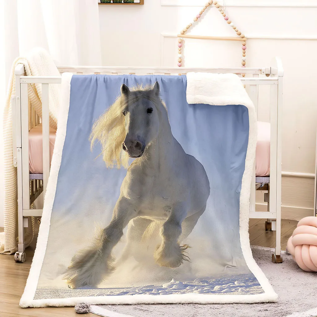 HUANZHUANG Throw Blanket 3D White Animal Horse Fuzzy Blanket For Bed Sofa Couch Fleece Throw Blanket Kids All Season Bed Plush