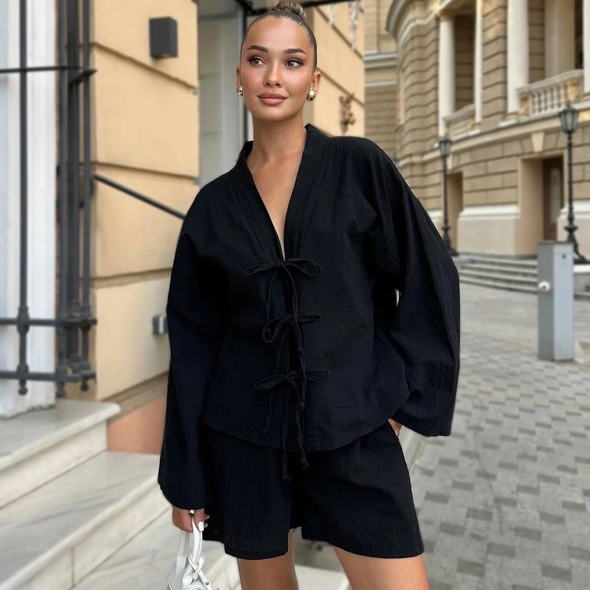HiLoc Black Casual Woven Non-Elastic Women'S Pajamas Two-Piece Long Sleeve Lace Front V-Neck Top Elastic Waist Shorts 2026 Fall