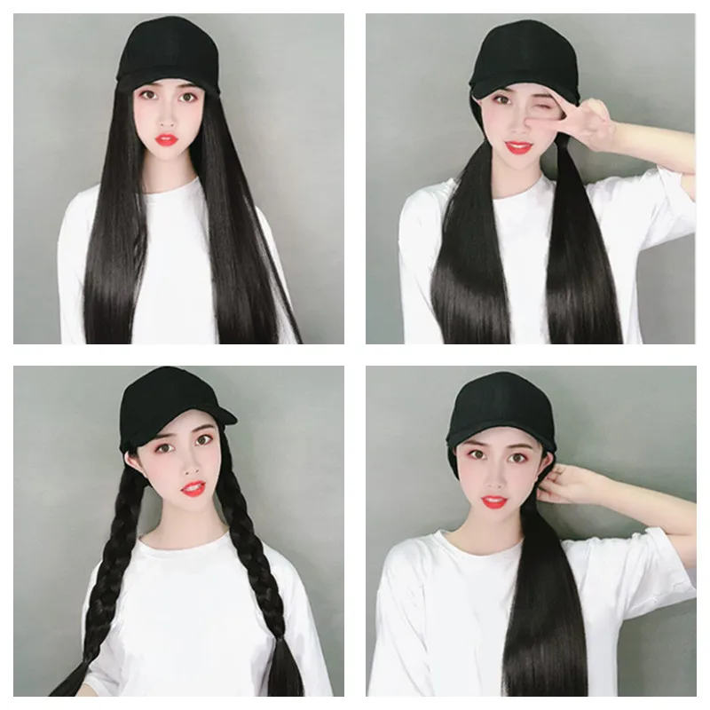 

Latest 24Inch Long Straight Synthetic Hat Wig Black Brown Baseball Cap Hair Hat Wigs for Women Girls Gifts