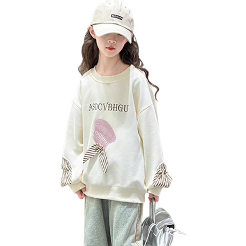 

Korean Children Cotton Sweatshirt With Bow For Girl Fashion Letter Tee Tops Outfit Teenager Kids Casual Spring Clothes Age 5-14Y