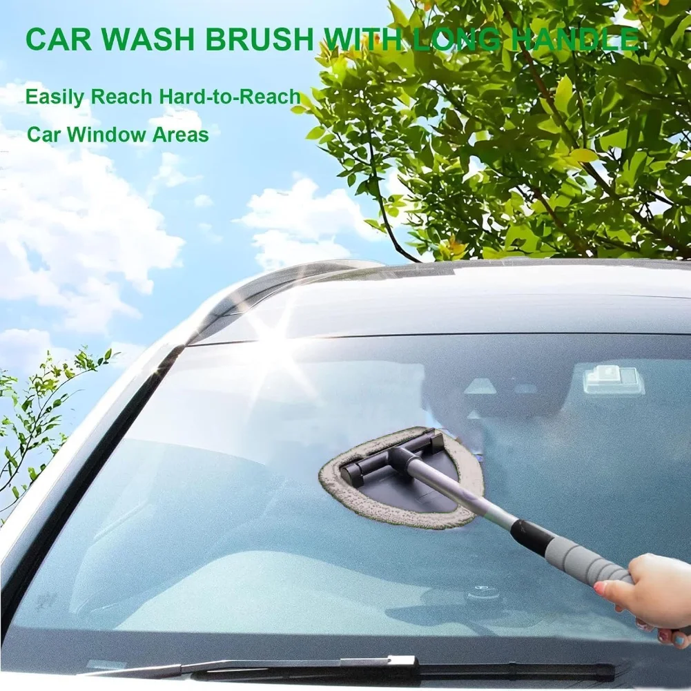 Windshield Cleaning Tool, Car Window Cleaner with 2 Washable Reusable Microfiber Pads, Extendable Long Handle Glass Wiper Cleani