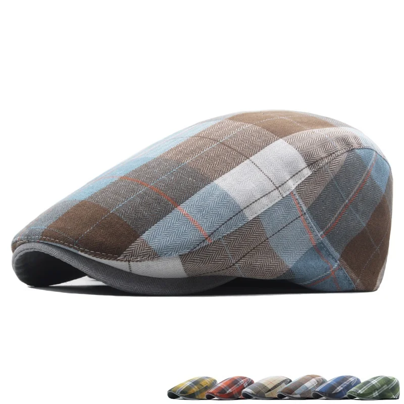 2025 Colour Checkered Beret Male Literary Forward Cap Thin Section Spring and Autumn England Retro Duck Tongue Cap Newsboy Cap