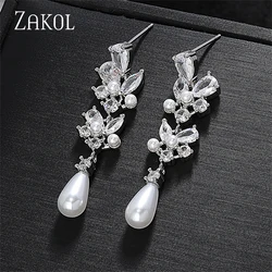 ZAKOL Luxury Imitation Pearl Long Dangle Earrings for Women Exquisite Zircon Flower Bridal Earring Vintage Wedding Party Jewelry