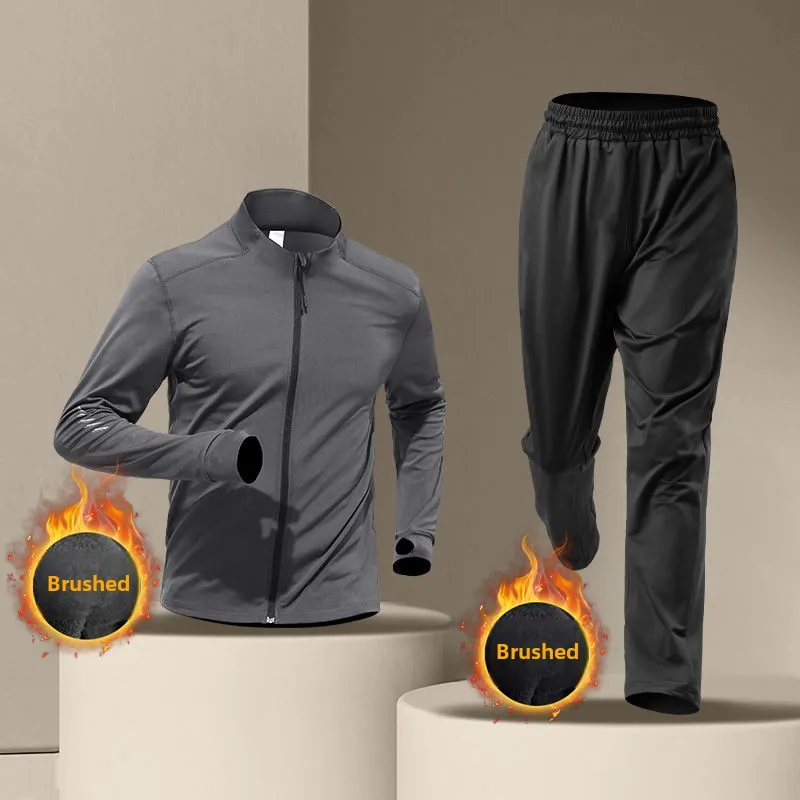 Men's Winter Running Sports Set Plush Warm Quick-Dry Fitness Jacket Stand Collar Morning Runs Training Mens Sweatsuits Set