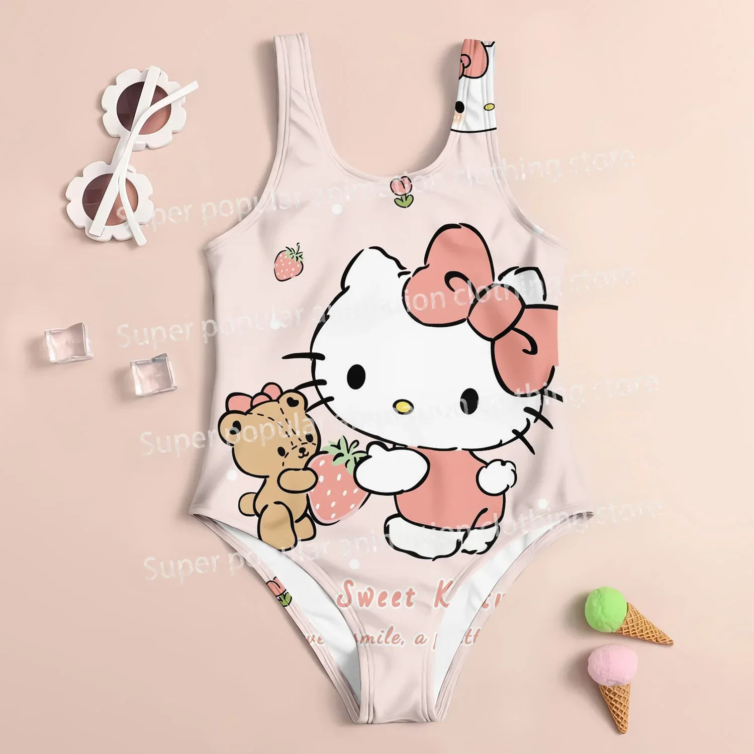 

2025 Cute Hellokitty Print New Girl Summer One-Piece Swimsuit Fashion Cartoon Women Kid Swimwear Sleeveless Swim Clothing