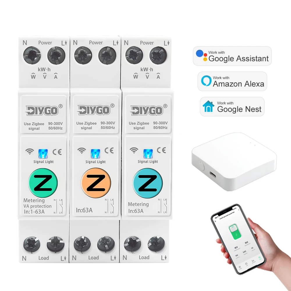 Zigbee Wifi Smart Circuit Breaker 1P+N 63A Din Rail Home Wireless Control Power Metering Protector Voice Remote Switch DGB-63Z