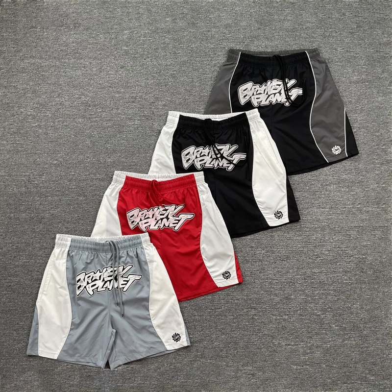 

American High Street Summer Color Blo Embroidery Logo Print Letter Beach orts Straight Leg Polyester Fiber No Stretch