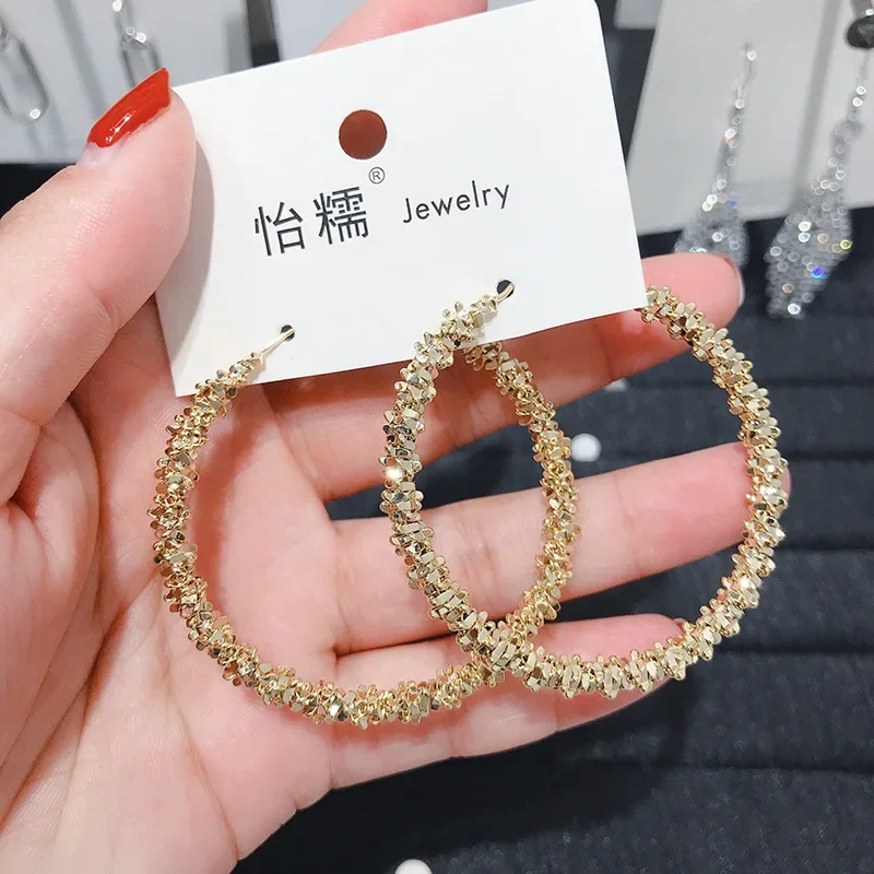 Exaggerated 50mm Caterpillar Gold Color Metal Crushed Stone Hoop Earrings for Women European American Punk Jewelry Girl Gift