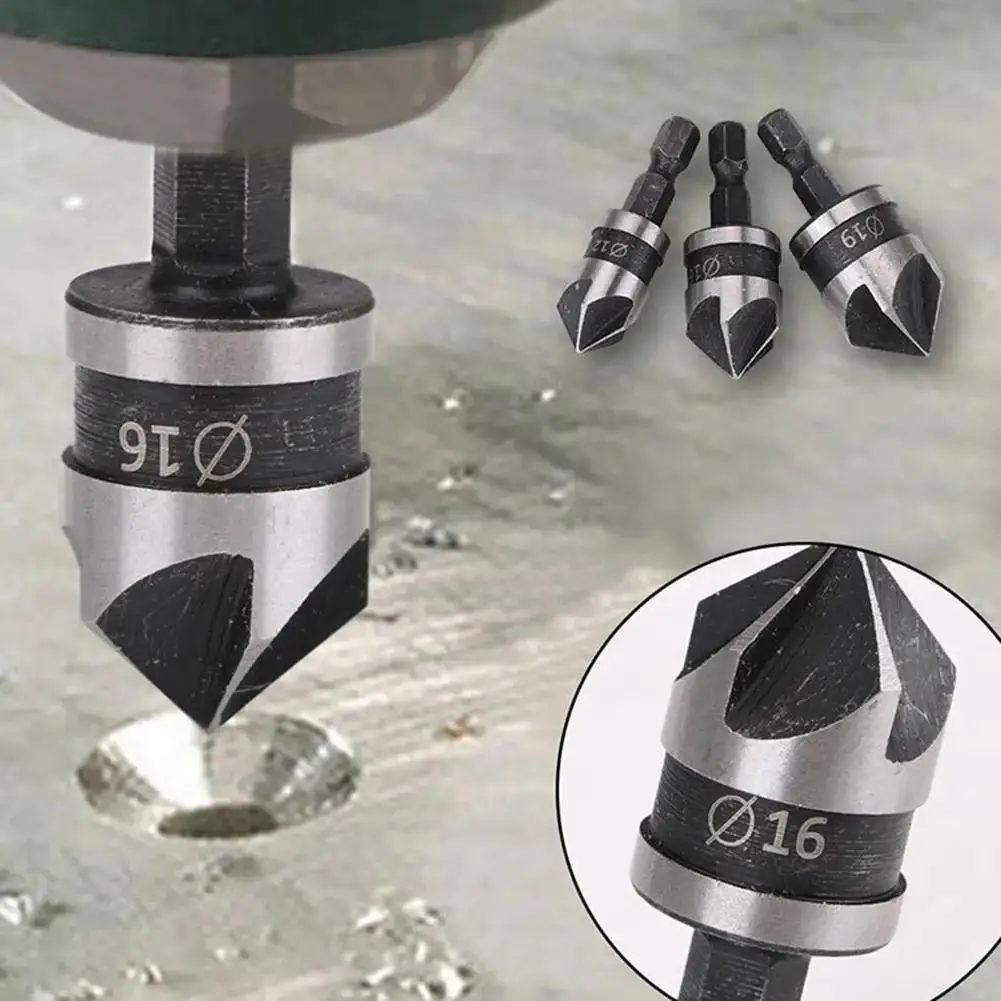 3PCs Hexagonal Shank 90 Degree Black Five Blade Chamferer 12/16/19mm Countersink Drill Woodworking Hole Opener Tool Set
