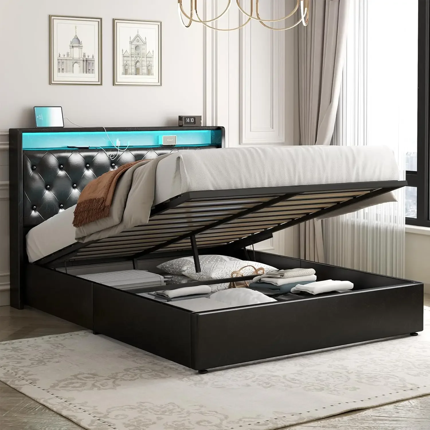 Lift Up Bed Frame with Charging Station&LED Lights,Leather Upholstered Bed with Button Wingback Storage Headboard