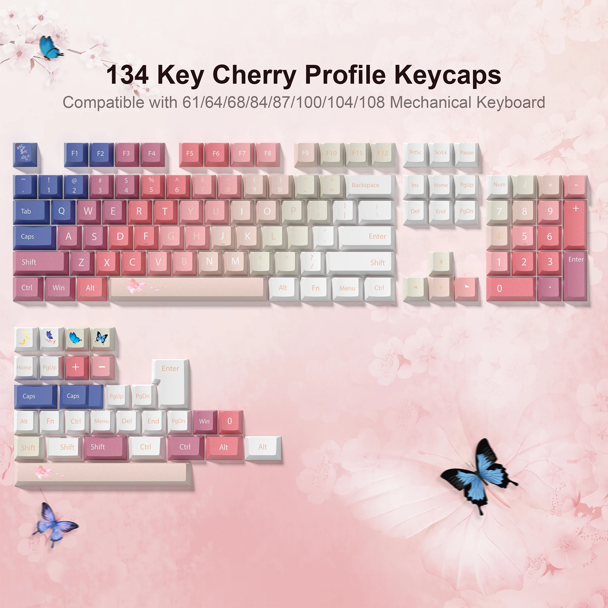 134 Keys Butterfly Custom Keyboard Keycaps Five Side Dye Sublimation PBT keycaps Cherry Profile for Cherry MX Switches Keyboard