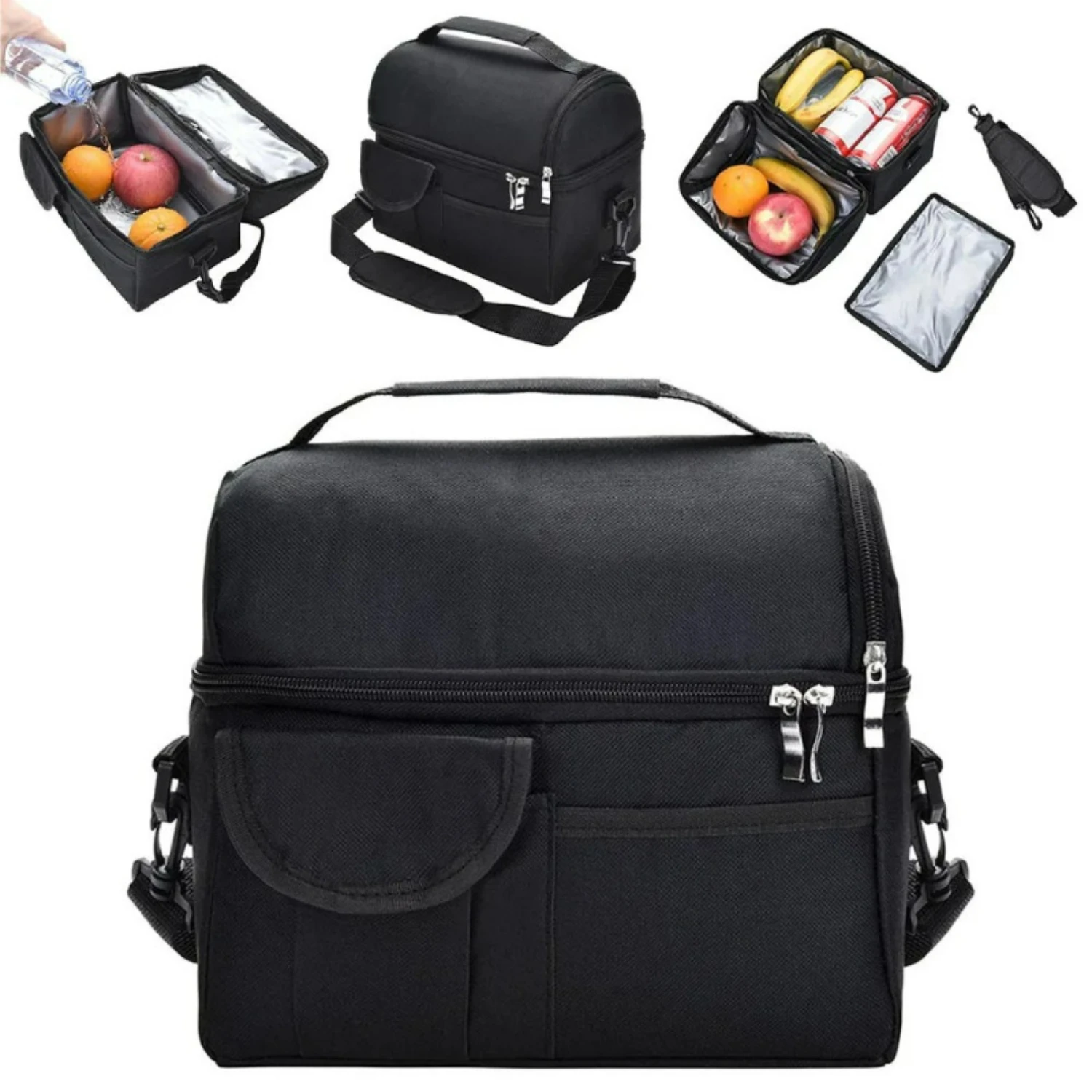

Large Insulated Lunch Box, Leak-proof Cooler Bag, Dual Compartment Lunch Tote Bag For Camping, Cans Wine Bag Cooler Box